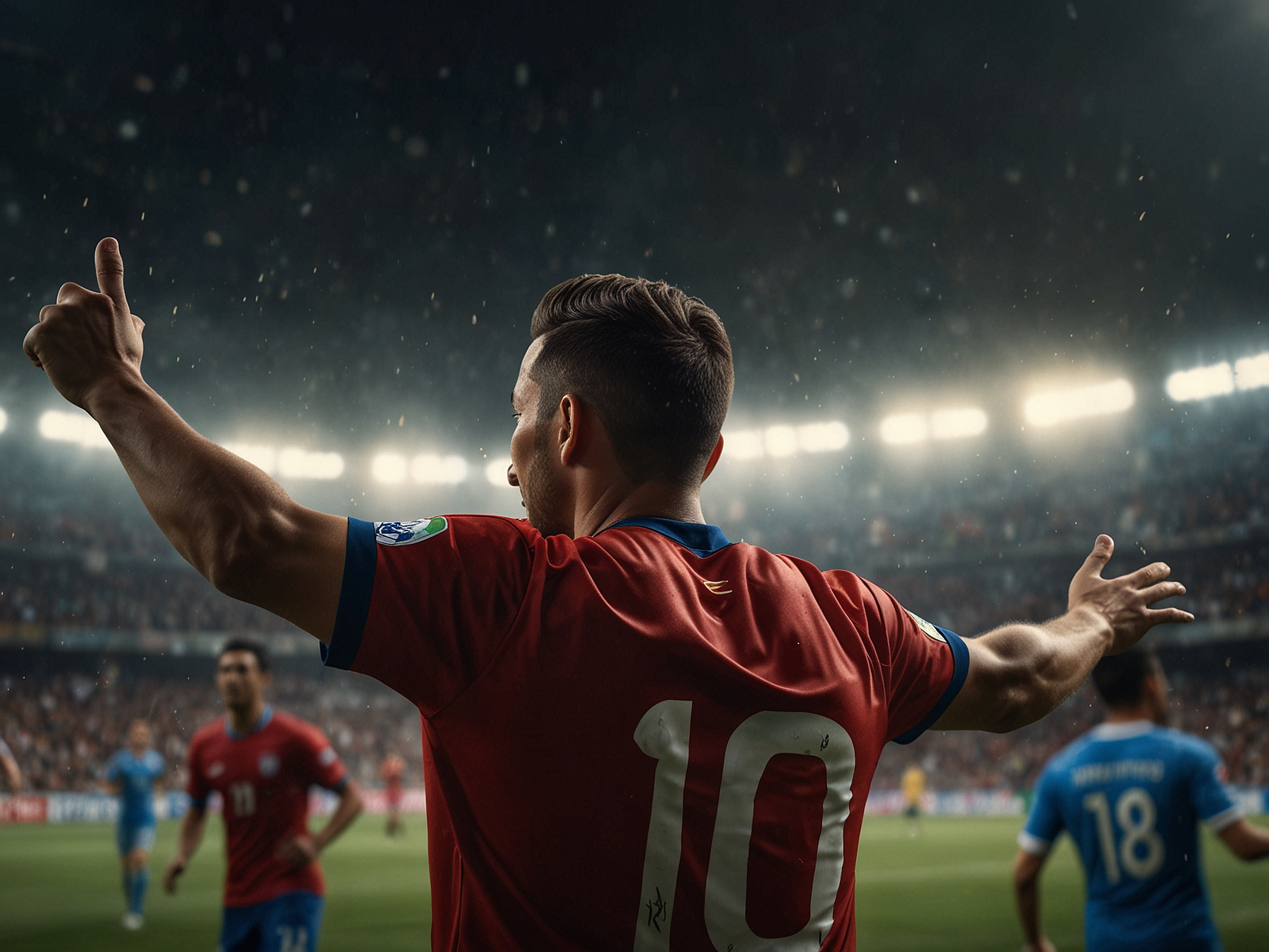 Jugador celebrando gol en estadio ecuatoriano